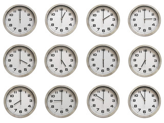 Set of round clocks showing various time, The collection of twelve wall clocks isolated on white background.