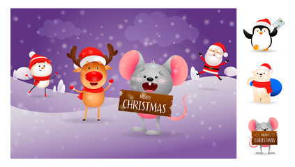 Merry Christmas poster with smiling cartoon mouse. Lettering with decorations can be used for invitation and greeting card. Holiday concept