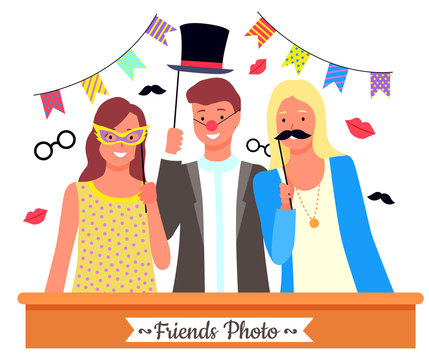 Group of friends posing with photo booth props. Paper glasses, cylinder hat, red clown nose and other party accessories and decoration. Teenage boy and girls in funny costumes vector illustration