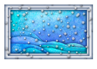 Happy new year and Merry christmas design. Watercolour hand drawn hills, snowflakes on purple blue teal background