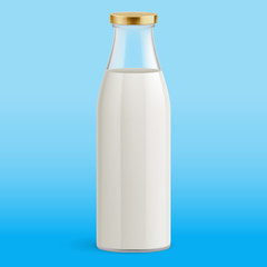 White Yogurt Milk Plastic Bottle. Illustration Isolated On Blue Background. Glass Bottle with Milk. Traditional Old Fashioned Glass Milk Bottle