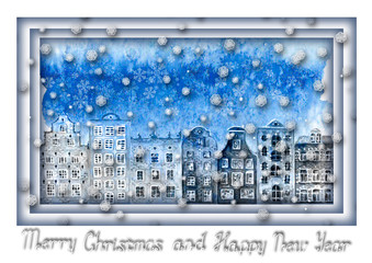 Happy new year and Merry christmas design. Watercolor hand drawn old european city
