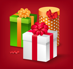 Present box with colorful wrapping and polka dotted pattern. Greeting card Christmas sale with traditional symbol of winter holiday. Geometric box with ribbon and bow, confetti on red vector