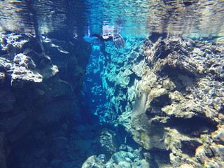 Schnorcheln in der Silfra Spalte bei klarem Wasser und mit Felsen