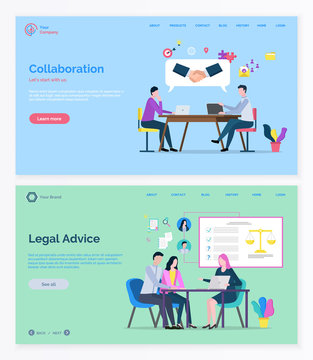 Teamwork Collaboration And Legal Advice, Man And Woman Consulting. Business Success And Lawyer Service Online, Professional Workers, Company. Website And App Slider Template, Landing Page Flat Style