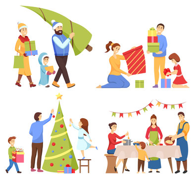 Christmas holidays vector, isolated characters preparing for New Year celebration. Family buying pine tree, man with kids decorating spruce. Father and mother with kid packing presents and cooking