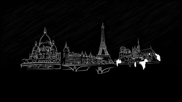 Paris Travel Landmarks chalk drawing on blackboard