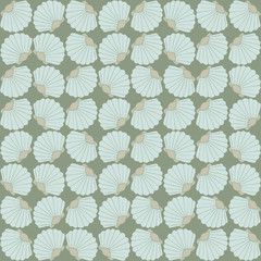 Seamless vector pattern with clams. Underwater wallpaper design. Simple gray background.