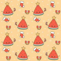 cute cartoon character christmas watermelon slice with candy cane and star on top seamless vector holiday pattern background  
