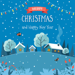 Fototapeta na wymiar Christmas greeting card with cute landscape at night. Cute vector illustration in flat style