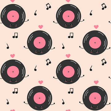 Cute Cartoon Character Vinyl Record Seamless Vector Pattern Background Illustration With Music Notes