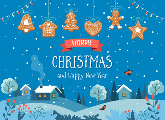 Christmas greeting card with cute landscape at night and hanging gingerbread cookies. Cute vector illustration in flat style