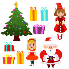 christmas decorated pine tree and cartoon santa elf