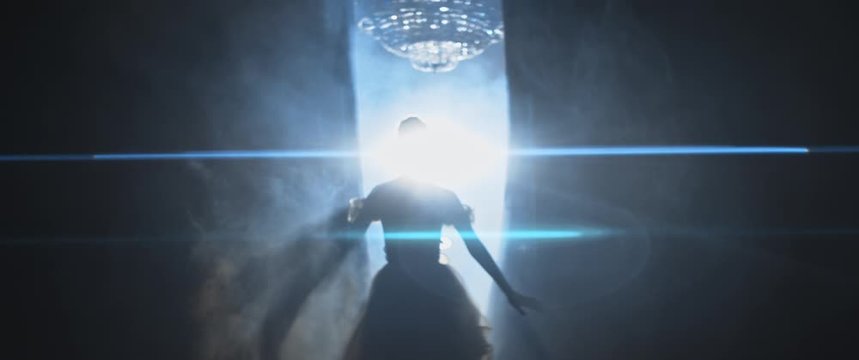 Ballet dancer entering stage. Beginning of performance or show, curtain rises. Ballerina jumping, spotlight shines, audience applauding, smoke clears. Anamorphic lens