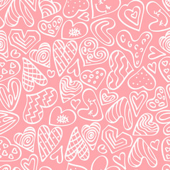 Cute hand drawn valentine day seamless pattern with heart shapes. White outline elements on pink background. Vector illustration.