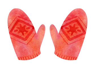 Pair of red  hand drawn gloves isolated on a white background. Watercolor warm winter mittens. Illustration of knitted accessory