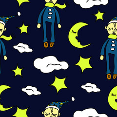 Obraz premium Seamless vector pattern with dreaming man, moon and stars. Repeat wallpaper design night. Sleep well.