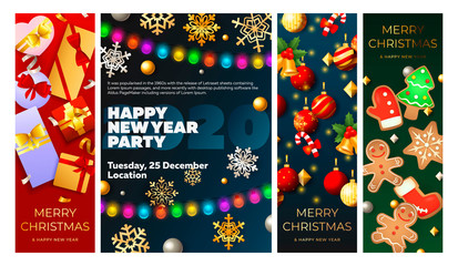 New Year Party flyer set with string of lights, baubles, gift boxes, hanging balls, gingerbread cookies. Vector illustration for festive poster, greeting card, announcement banner design