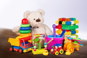 Toys collection on blur bokeh background