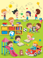 Little Children Studying And Playing At Preschool Classroom