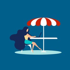 Girl freelancer at beach concept banner. Flat illustration of girl freelancer at beach vector concept banner for web design