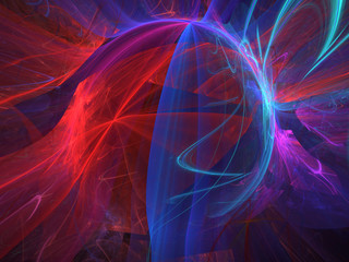Abstract Spherical Shape 3D Illustration - Colorful gradients of light warped into the shape of a sphere. Brilliant glowing lights, blue and red neon gradients.