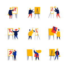People draw. The artist near the easel. Flat style vector illustration.