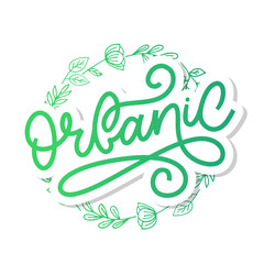 Organic slogan brush lettering. Hand drawn word organic with green leaves. Label, logo template for organic products, healthy food markets.