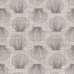 Seashells on linen fabric texture background. Seamless repeat vector pattern swatch. Great for vacation or holiday travel graphics.