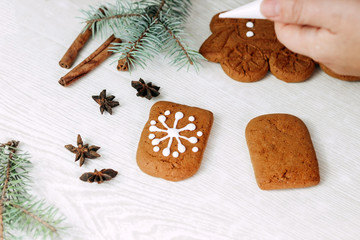 Christmas gingerbread cookies painted with icing sugar. Confectioner girl paints cookies