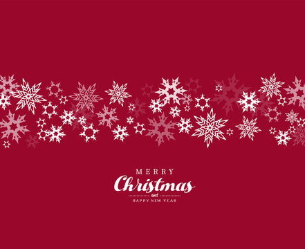 Merry Christmas vector illustration with many snowflakes on red background.