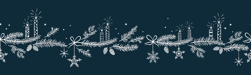 Materiał do szycia Cute hand drawn horizontal seamless pattern with candles, branches and christmas decoration - x mas background, great for textiles, banners, wallpapers - vector design