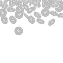 Russian ruble coins falling. Scattered black and w