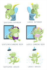Flat illustration with characters. Cute green frog and crocodile are taking a shower and having fun on white background. Set of the Restroom Symbols 
