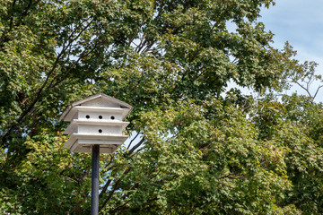 The white bird house looks inviting in front of the green trees and blue sky. Bokeh effect.