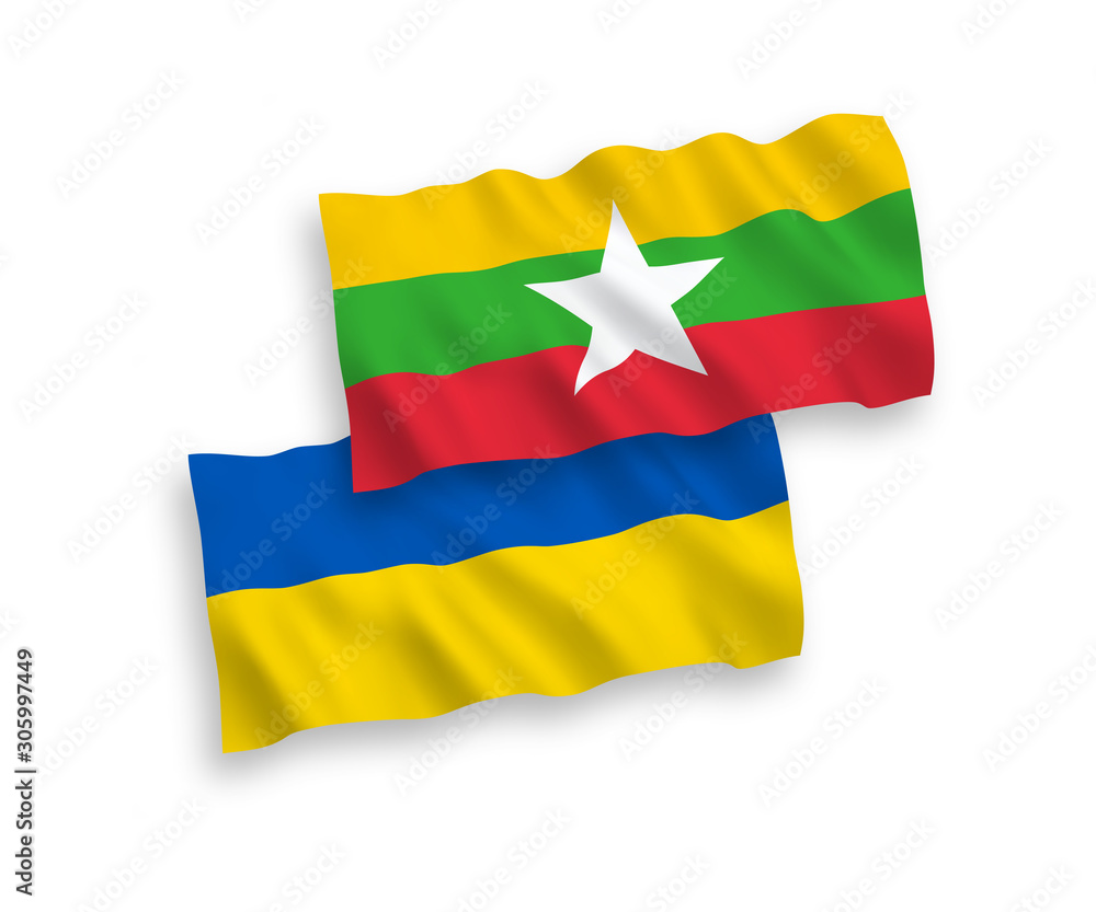 Wall mural flags of myanmar and ukraine on a white background