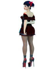 3D girl doll big blue eyes and bright makeup.