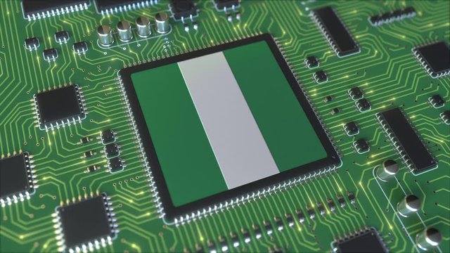 Flag of Nigeria on the operating chipset. Nigerian information technology or hardware development related conceptual 3D animation