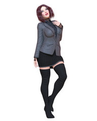 Beautiful brunette woman in black blazer and long boots.