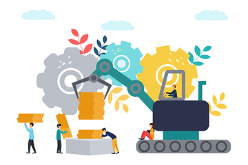 Vector flat illustration, big machine with an iron hand carries money, metaphor of making big money. businessmen count and accumulate capital.
