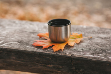 Thermos cup of coffee on autumn oak leaf and wooden bench in the park, autumn mood
