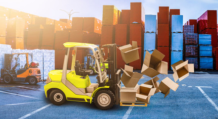 Concept of warehouse The forklift in the big warehouse delivery background