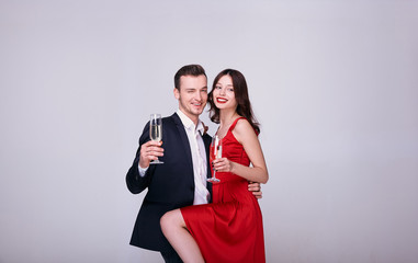 Portrait of two nice sweet gorgeous elegant chic positive people.