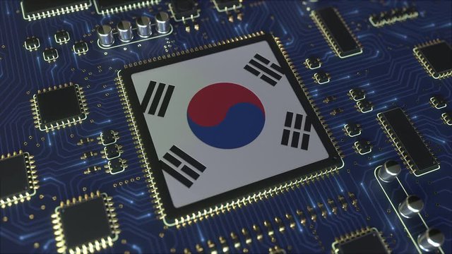 Flag of South Korea on the operating chipset. Korean information technology or hardware development related conceptual 3D animation