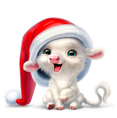 calf in a hat of Santa Claus, isolated on a white background