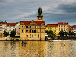 View from Boat to Old Town of East Europe Prague City with stunning sky sunset