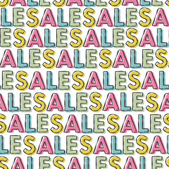 Vector Sale text pattern - hand drawn words and calligraphy, seamless texture for promo, commercial and special offers design. Black friday background. Handwritten colorful backdrop.