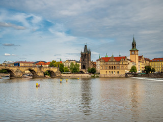 View from Boat to Old Town of East Europe Prague City with stunning sky sunset