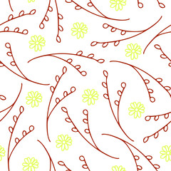 Seamless vector pattern with flowers and branch. Simple wallpaper design. White background.