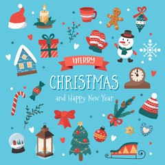Set of Christmas elements with text. Cute vector illustration in flat style